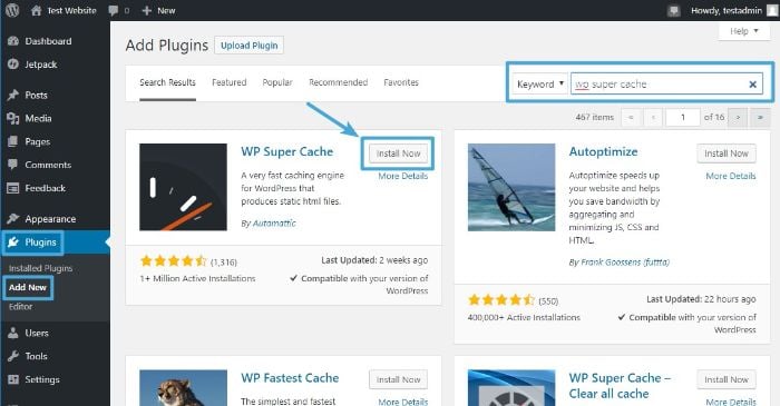 Search and Install WordPress WP Super Cache plugin