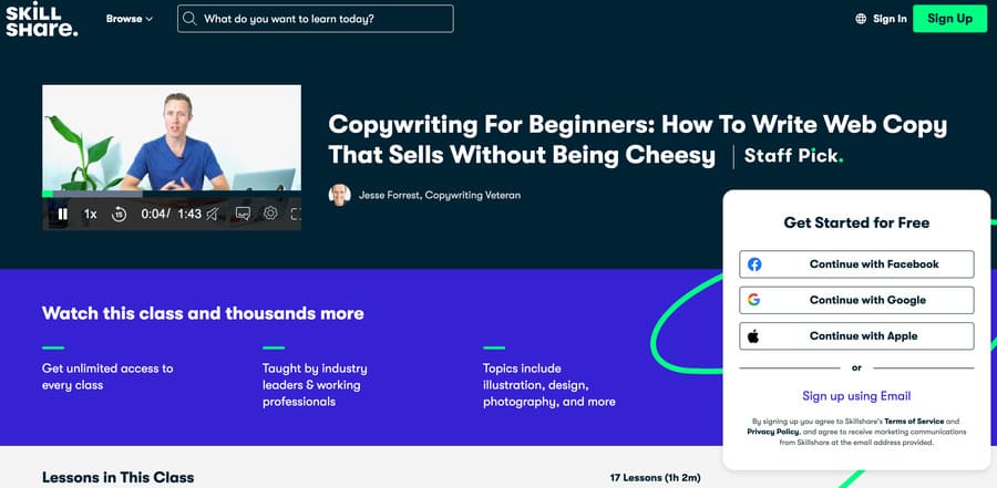 screenshot of skillshare homepage