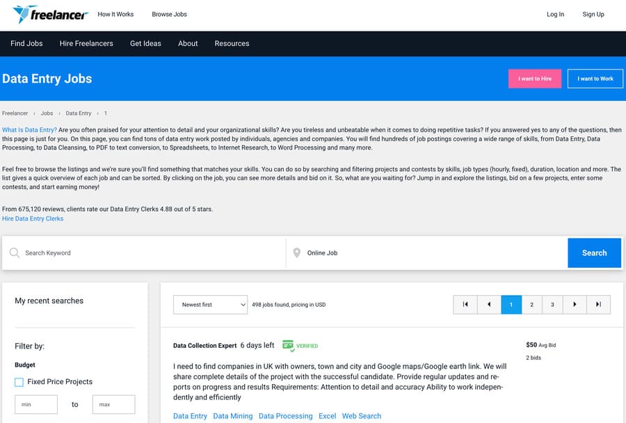 data entry job screenshot from freelancer