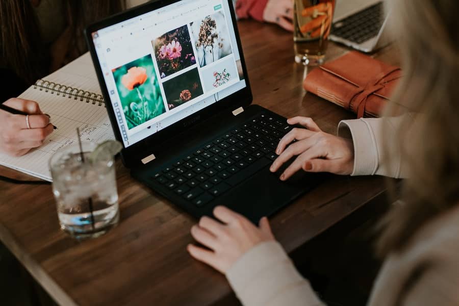 SEO writing a woman looking at flower images on a laptop.