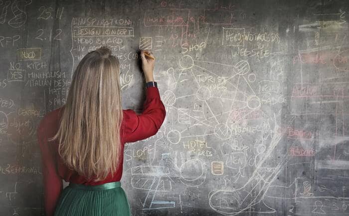 writing skills woman teaching complex problem on chalkboard