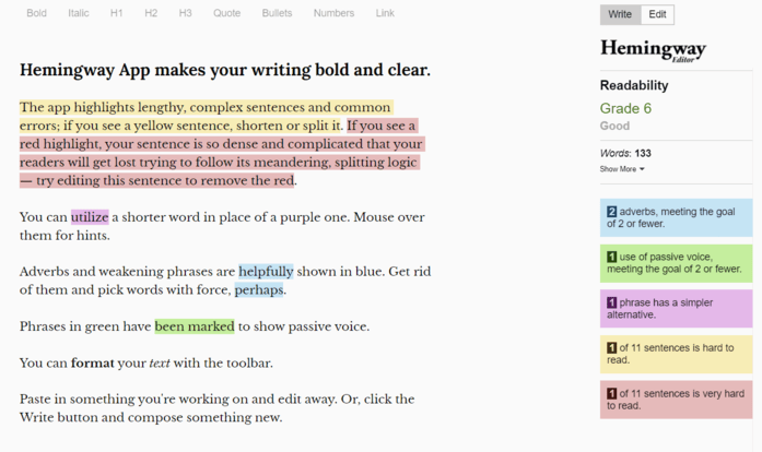 screenshot of the hemingway editor interface