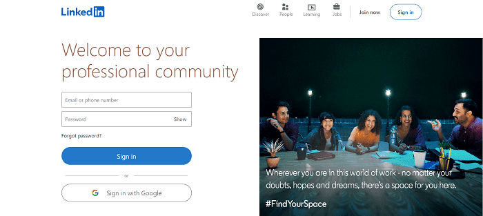 Screenshot of LinkedIn sign-up page on website