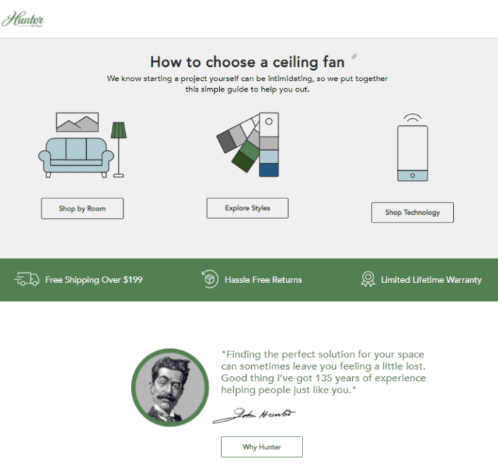 persuasive copy hunter fan company landing page