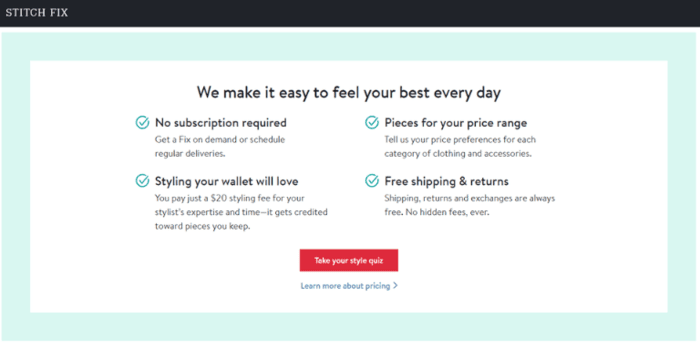 persuasive copy stitchfix landing page