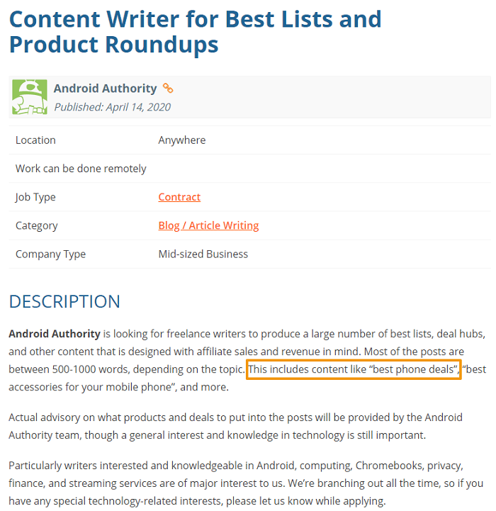 writing sample job ad screenshot android blog